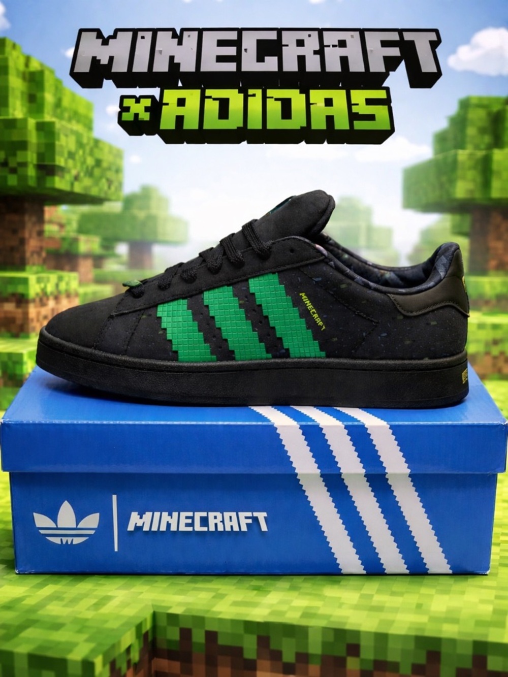 Bundle Adidas Minecraft Campus 00s J Black Green Pixel Sneakers 6.5Y  and socks - Picture 2 of 16